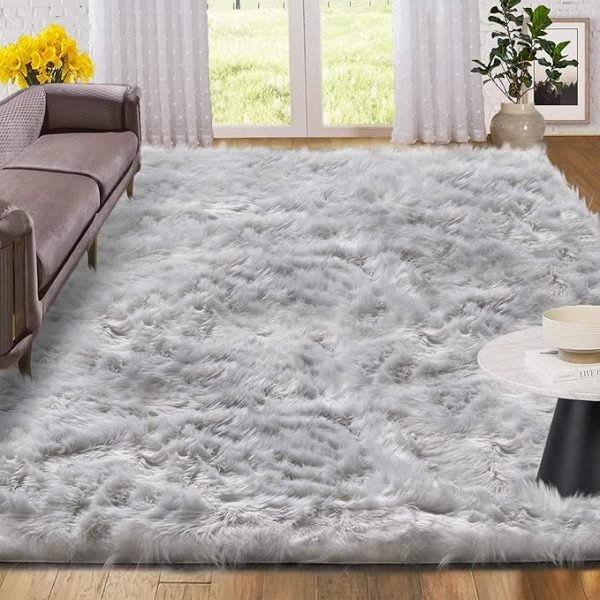 ORINOVA Rectangular Light Gray Washable Fuzzy Fur Runner Rugs