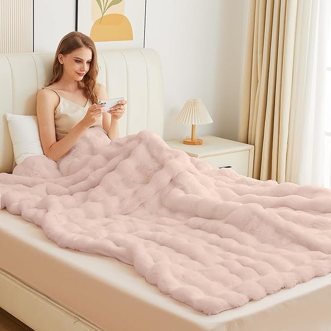 Pink Faux Fuzzy Fur King Size Throw Blanket 90x108
