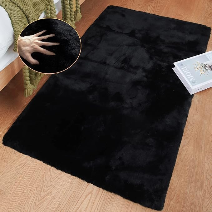 Faux Rabbit Fur Rug Machine Washable Area Rugs Black Fur Rug