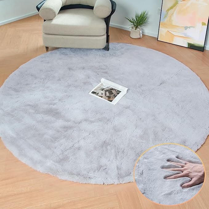 Silver Grey Round Rugs 8ft Shag Washable Area Rugs for Bedroom