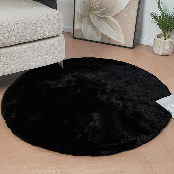 Black Round Plush Rugs for Bedroom