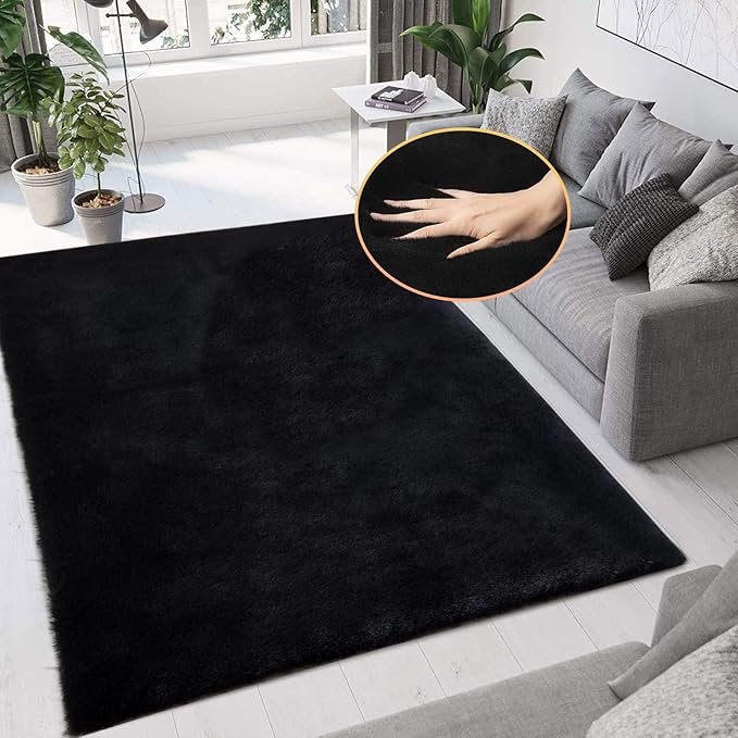 Black Shag Rugs 8x10 Area Rugs for Living Room Faux Rabbit Fur