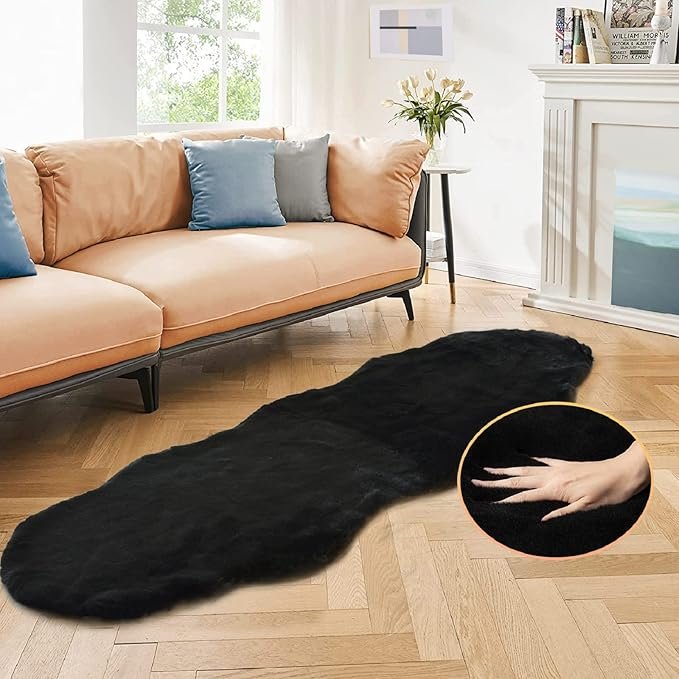 Black Shag Washable Fluffy Fur Area Rugs for Bedroom