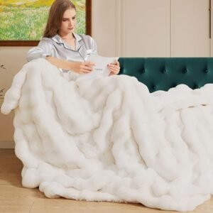 Light Beige Fuzzy Faux Fur Throw Blanket for Couch Bedroom