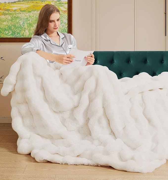 Light Beige Fuzzy Faux Fur Throw Blanket for Couch Bedroom