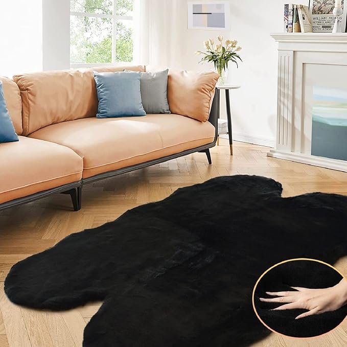 Faux Bunny Fur Rug Plush Area Rugs Machine Washable Black 4x6