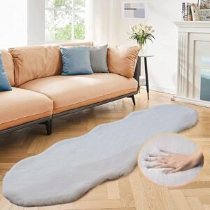 Grey Runner Fuzzy Rug for Bedroom Faux Rabbit Washable