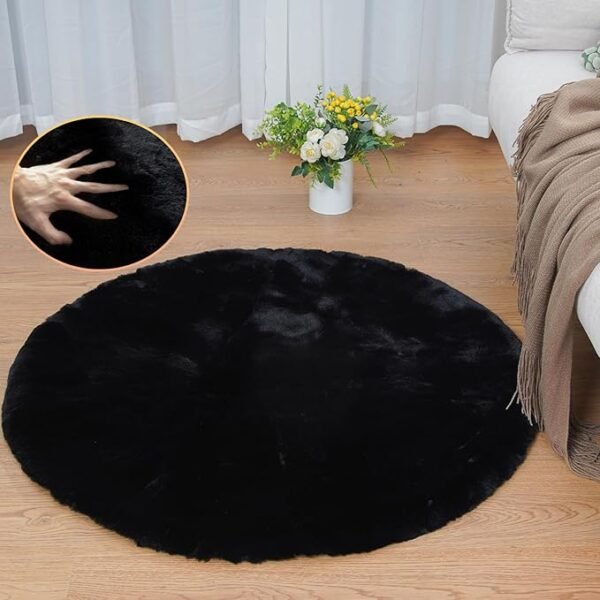 Black Round Rugs 8ft Machine Washable Rabbit Fur