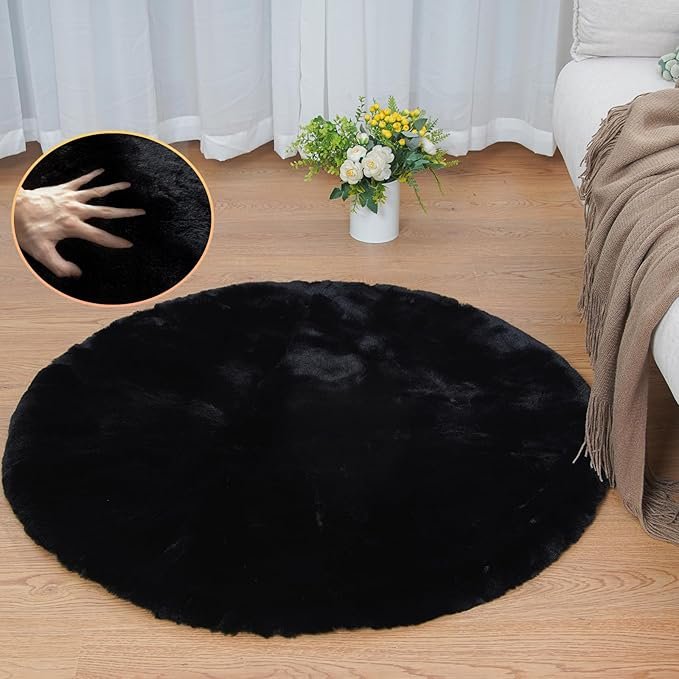 Black Round Rugs 8ft Machine Washable Rabbit Fur