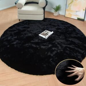 Black Round Area Rug 5ft Washable Faux Fluffy Fur Rug for Bedroom