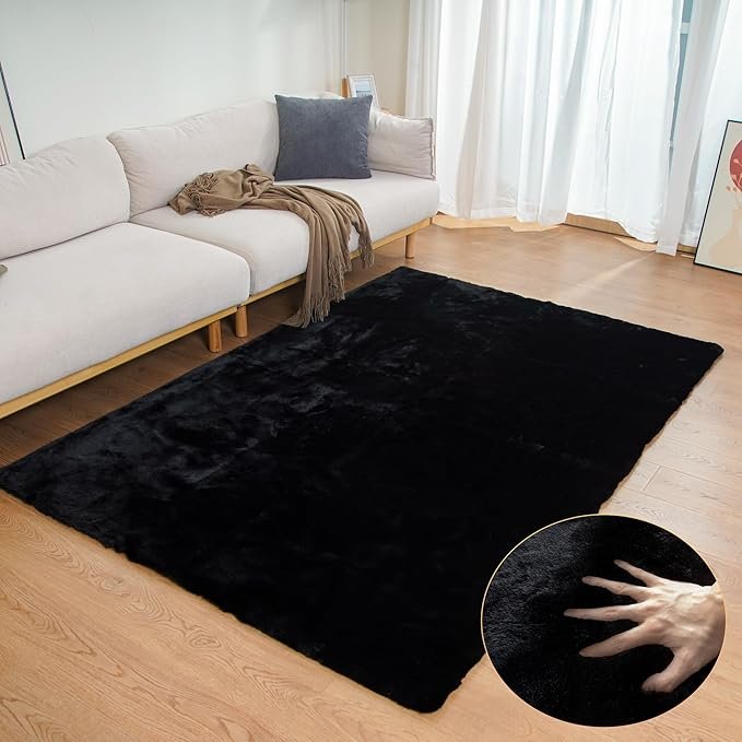 Black Fluffy Living Room Furry Rugs for Living Room
