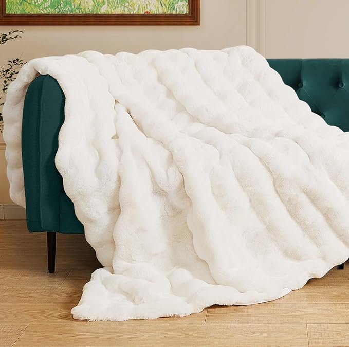 Light Beige Cozy Faux Fur Throw Blanket for Living Room Bedroom 50x60