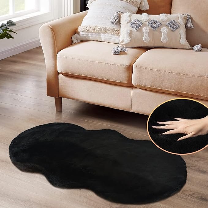 Black Faux Rabbit Washable Fur Area Rugs for Bedroom Small Fluffy 2x4