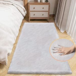 Grey Fluffy Faux Rabbit Washable Furry Fur Area Rugs for Bedroom