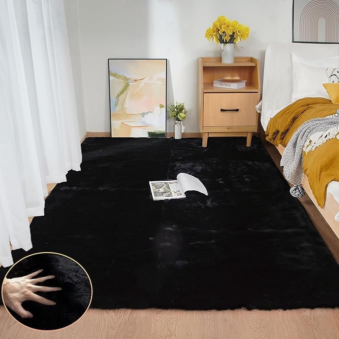Black Fluffy Rug 5x7 Area Rugs for Bedroom Fuzzy Rabbit